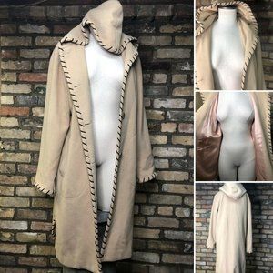 Vtg MARVIN RICHARDS Wool Coat S Long Leather Stitching Beige Hooded BEAUTIFUL!!